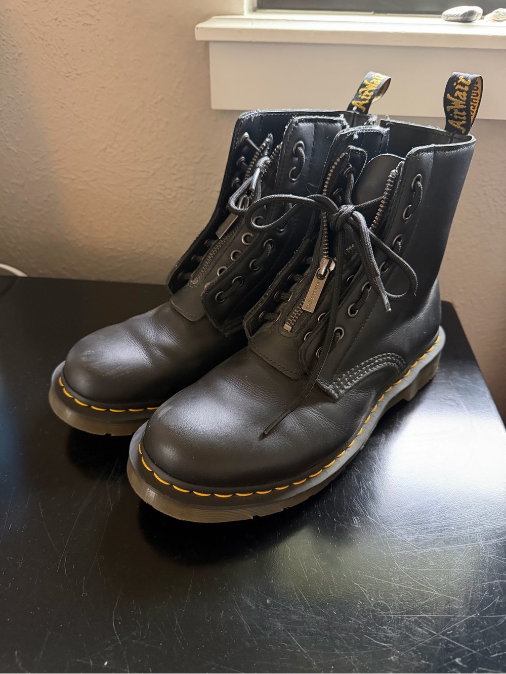 Dr. Martens Black Leather Lace & Zip Combat Boots with Yellow Stitch Pascal